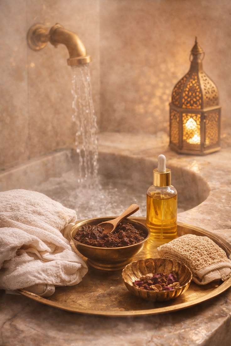 Moroccan hammam ritual tray with warm water